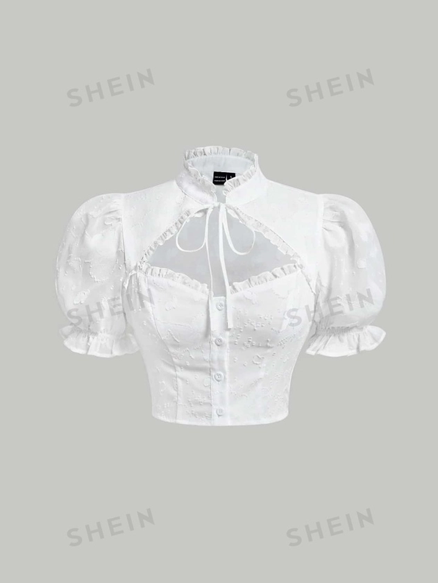 SHEIN MOD Camisa crop ribete fruncido de cuello con cordón de manga farol