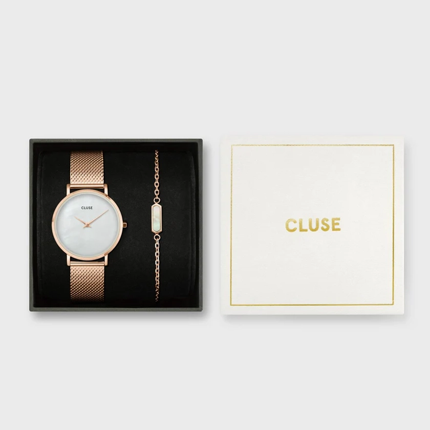 Minuit Mesh Watch And Pearl Bracelet, Rose Gold Colour