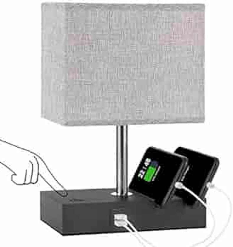 Fully Dimmable Table Lamp for Bedroom with USB Ports - Touch Control Bedside Lamps for Nightstand with Charging Ports and Phone Stands, Small Desk Lamps for Living Room (LED Bulb Included)