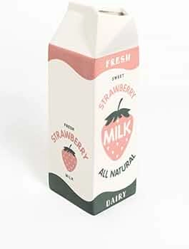 Retro Strawberry Milk Carton Vase–Vintage Inspired Kawaii Ceramic Vase -Pink Strawberry Vase - Cute Accent Decor for Your Home/Kitchen/Office-Add This Unique Vase to Your Strawberry Kitchen Decor