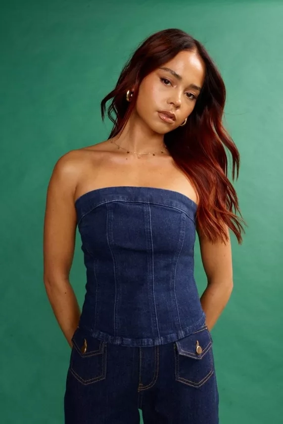 Tops | Denim Corset Top With Zip Fastening In Blue | ANOTHER SUNDAY