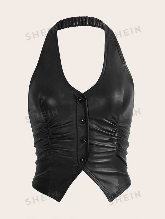 SHEIN ICON Top de corsé negro de PU halter, sin espalda y con botones delanteros