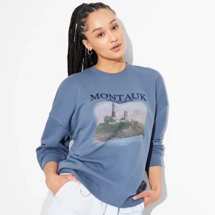 Women's Oversized Graphic Pullover Sweatshirt - Wild Fable™ Blue M