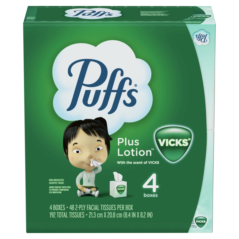 Puffs Plus Lotion with the Scent of Vicks Facial Tissue, White, 4 Cubes, 48 Facial Tissues per Box - Walmart.com