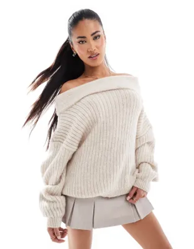 ASOS DESIGN oversized knitted off shoulder sweater in cream | ASOS