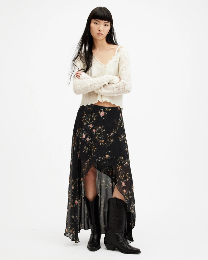 Slvina Oto Floral Asymmetric Maxi Skirt Black | ALLSAINTS