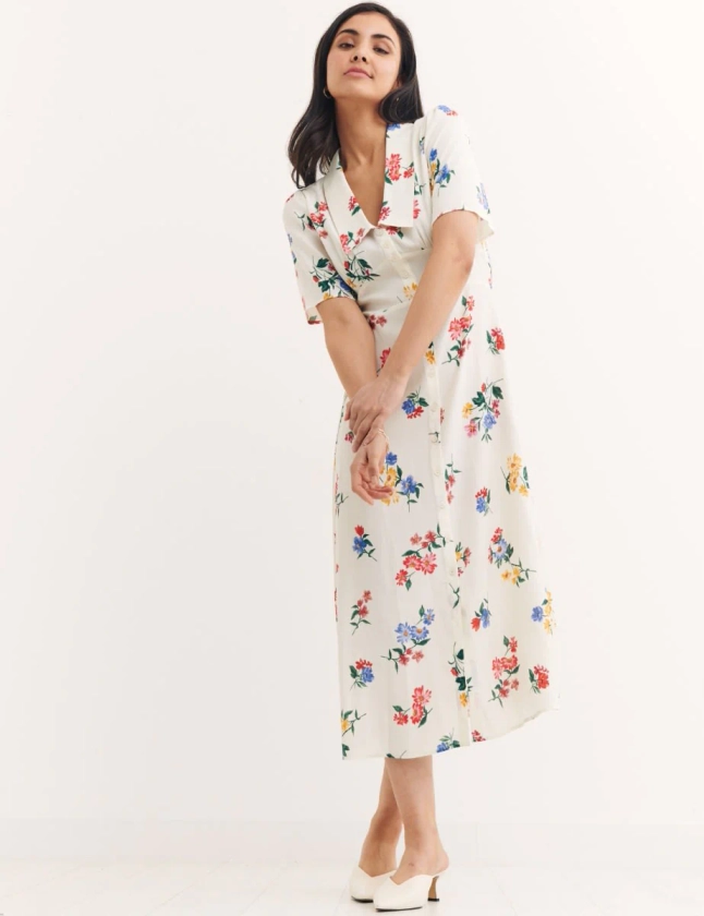 Cream Ditsy Floral Daisy Midi Dress