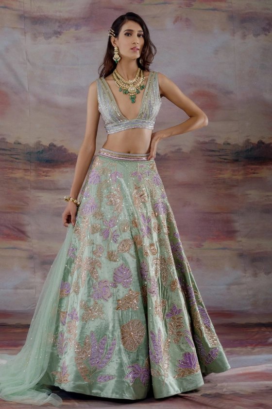 Buy Green Net Embroidered Floral V Neck Gajji Silk Bridal Lehenga Set For Women by Payal & Zinal Online at Aza Fashions.