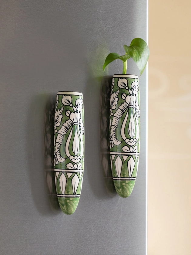 Buy ExclusiveLane Green & White Printed Set Of 2 Ceramic Magnetic Fridge Planters -  - Home for Unisex