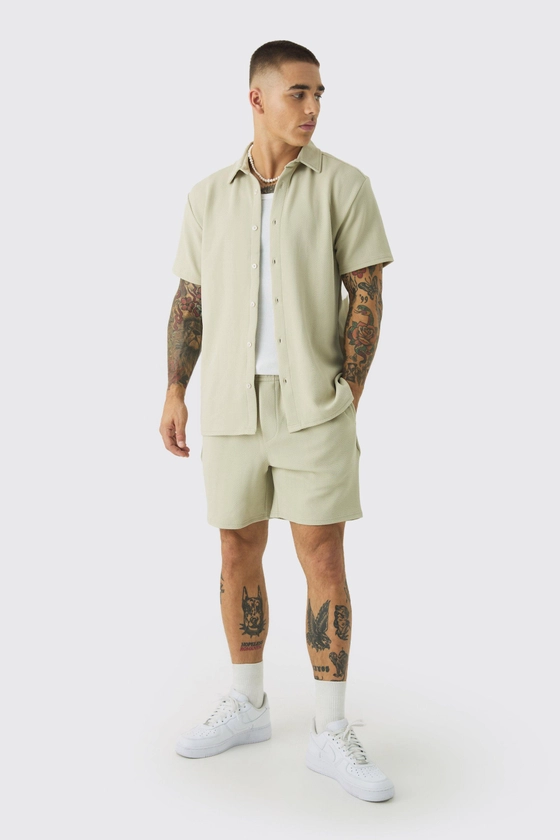 Short Sleeve Jersey Herringbone Shirt And Short Set | boohooMAN AU