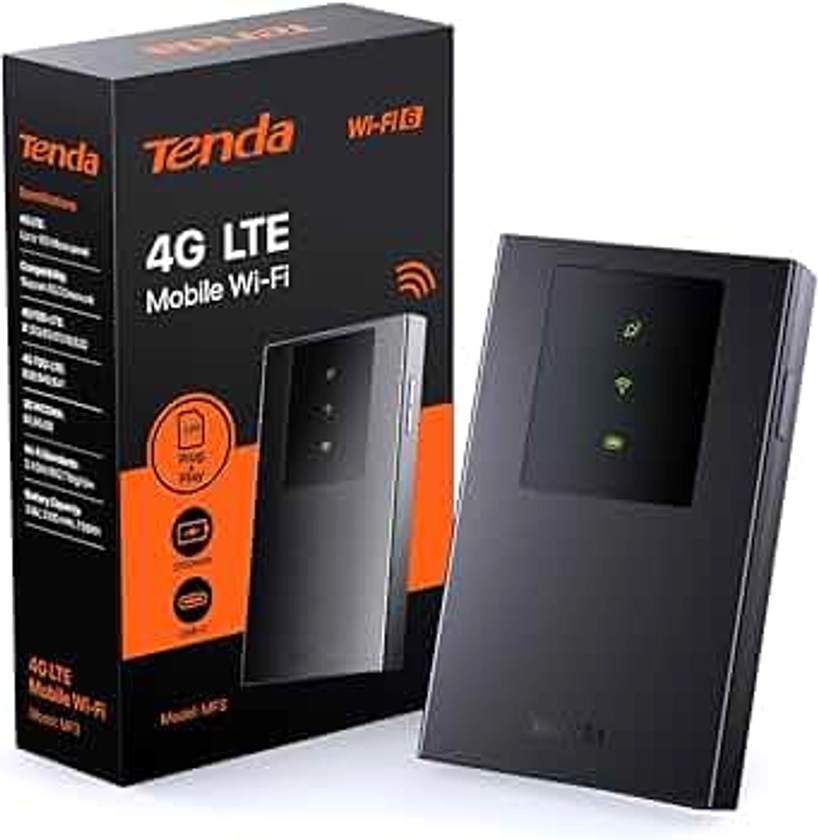 Tenda Routeur 4G SIM Portable, Hotspot 4G Mobile, Pocket WiFi 6 AX300, MiFi 4G LTE CAT4 150Mbps, Batterie Rechargeable 2100mAh, USB-C, WPA3, Compatible avec Nano SIM Carte, Plug et Play (MF3)