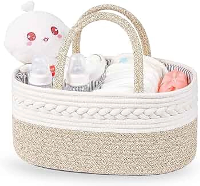 WATER HIGH Nappy Caddy Organiser Large Cotton Rope Portable Baby Diaper Caddy Storage Basket with Removable Compartments, Baby Shower Gifts for Mom Newborn Kids (Brown)