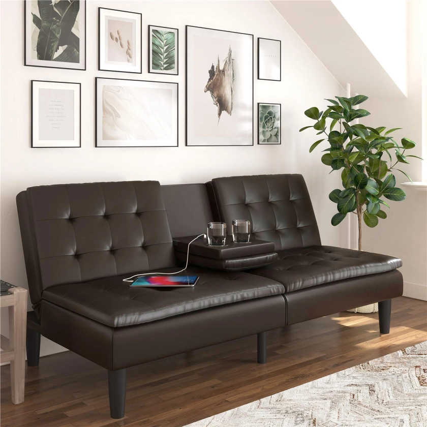 Mainstays Memory Foam Futon with Cupholder and USB, Dark Brown Faux Leather