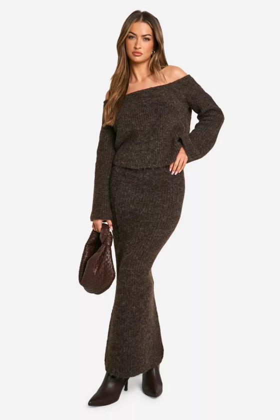 Knitted Oversized Bardot Jumper And Maxi Skirt Set