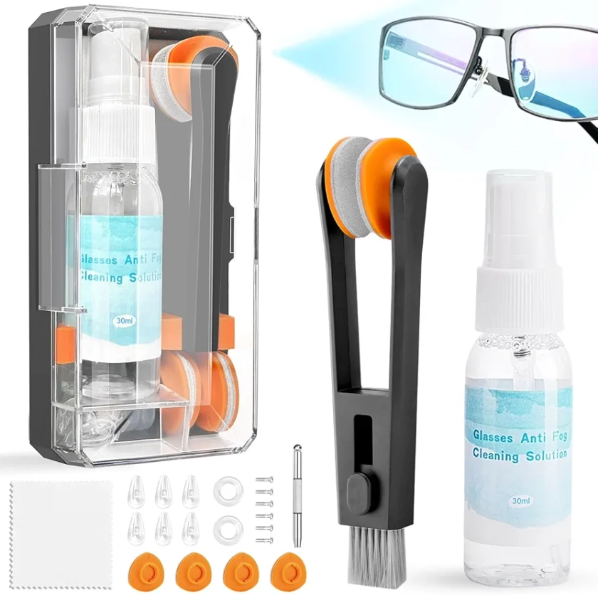 Glasses Cleaner,Spectacle Cleaner with Eye Glasses Cleaner Spray, Lens Cleaner for Glasses, Microfiber Cleaning Cloth,Portable Eyeglass Repair Kit with Screws, Safe for All Lens(Black)