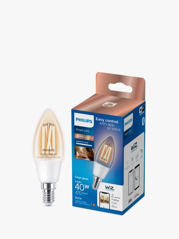 Philips Smart LED 5W E14 Dimmable Warm-to-Cool Candle Bulb with WiZ Connected and Bluetooth, Clear