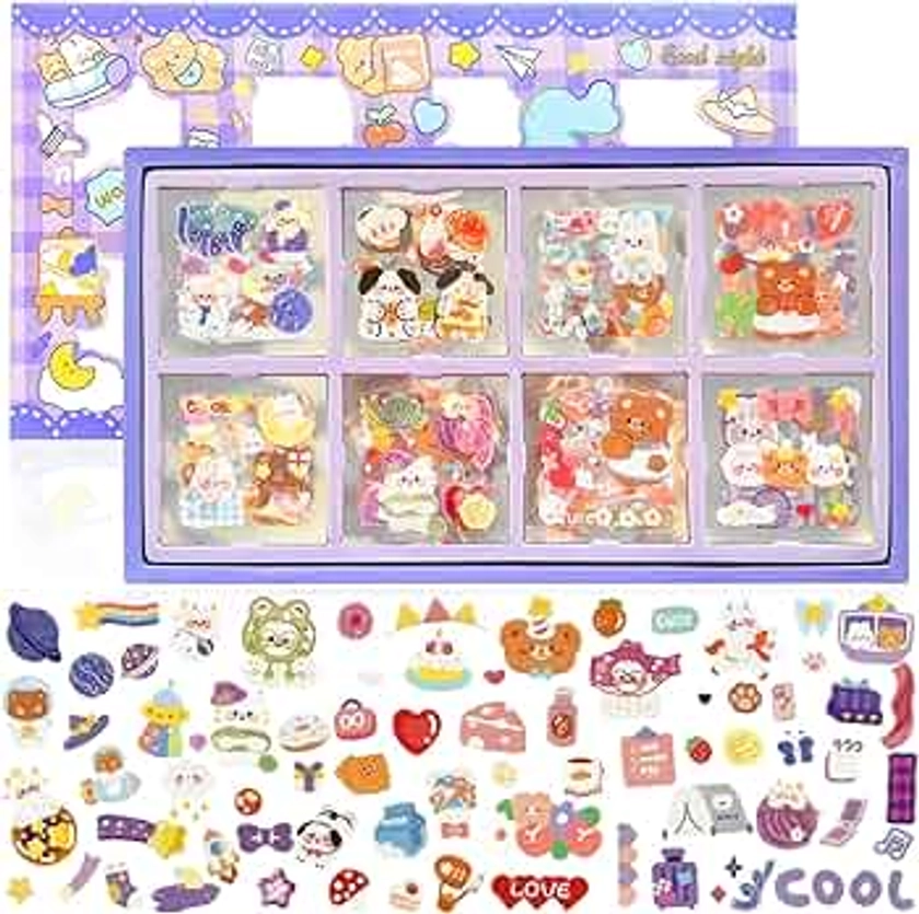 2000 Pcs Cute Stickers, Waterproof Vinyl Transparent Stickers, Kawaii Fun Stickers for Water Bottle Laptop Scrapbook Journaling, 200 Sheets Animal Stickers Boxed Gifts for Kids Teens Girls Boys