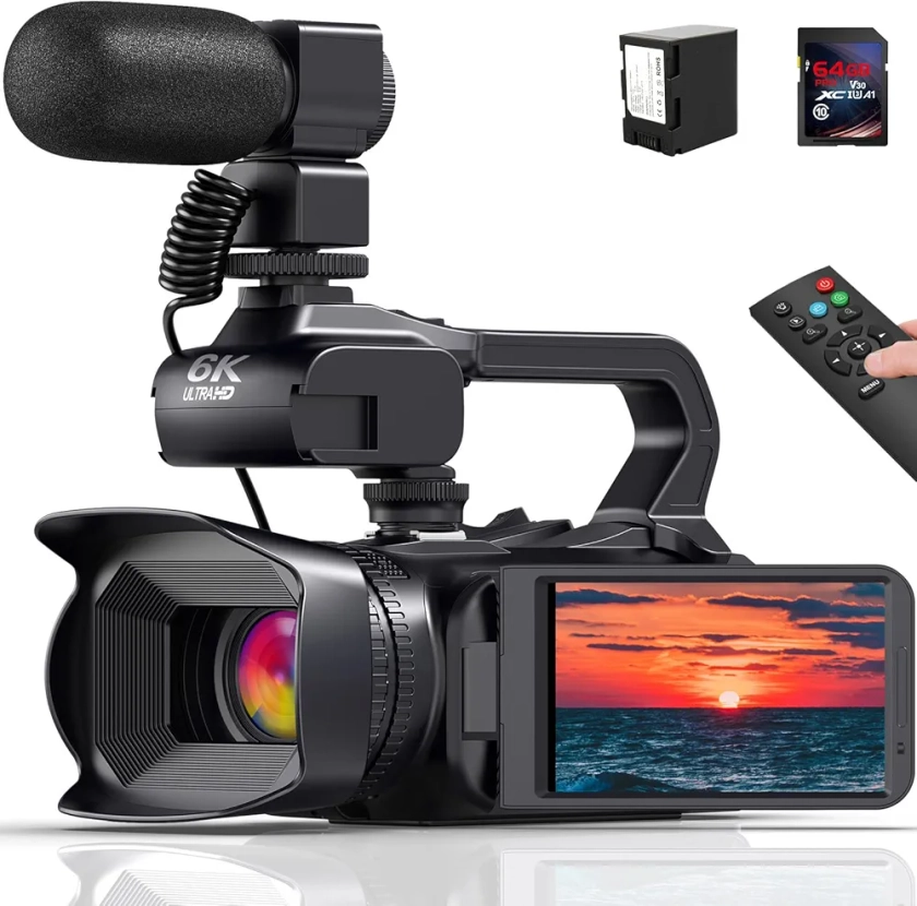 Caméscope 6K 64MP Écran Tactile 18X Zoom Numérique Vision Nocturne Infrarouge Vlogging Caméra pour YouTube, Caméra vidéo WiFi avec Pile 4500mAh, Carte SD 64 Go,Stabilisateur,Microphone et Télécommande