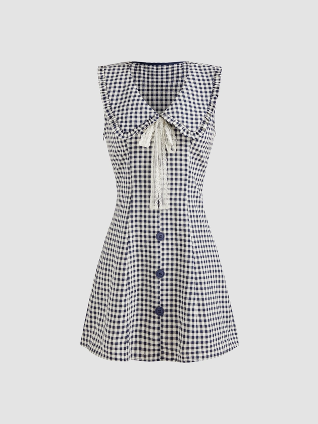 Woven Doll Collar Gingham Bowknot Button Mini Dress For Date