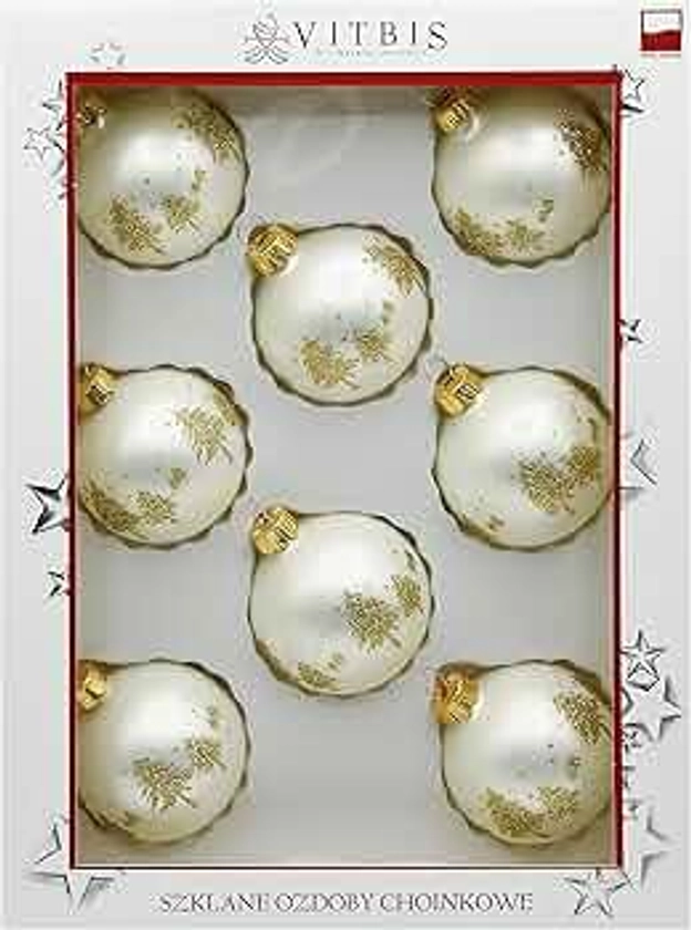 VITBIS Glass Baubles for Christmas Tree Decorations Set of 8 Unique Baubles Round Shapes Diameter 6 cm in White with Fine Decoration Hand Decorated Hand-Painted Unique Christmas Decoration