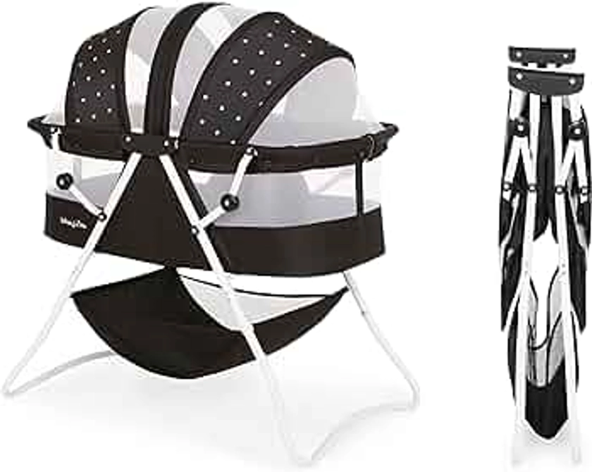 Karley Bassinet in Onyx, Lightweight Portable Baby Bassinet, Quick Fold and Easy to Carry , Adjustable Double Canopy, Indoor and Outdoor Bassinet with Large Storage Basket.