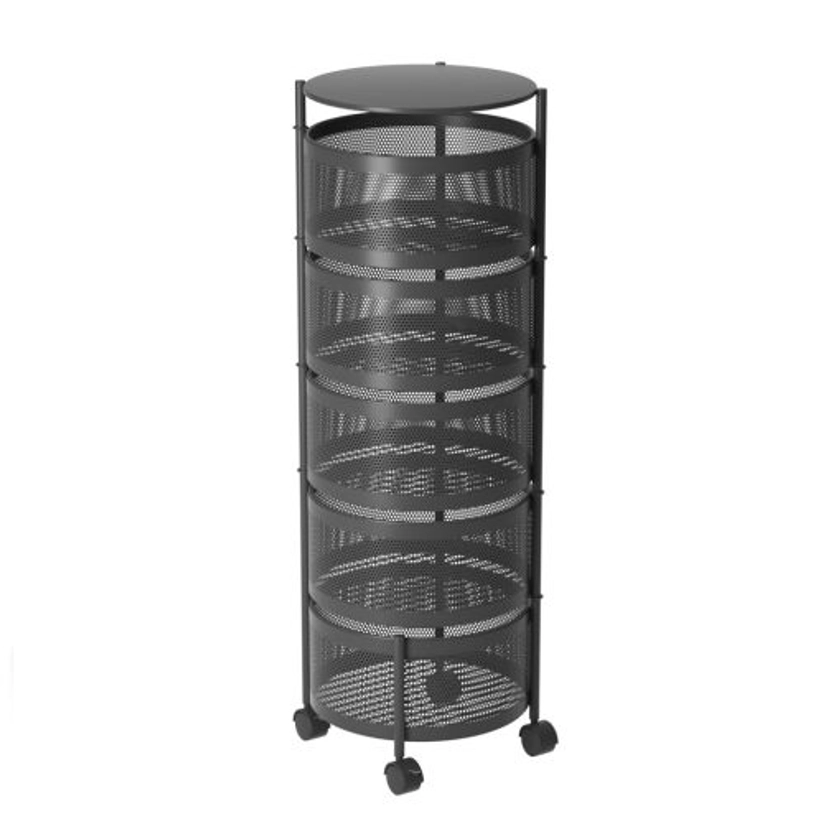 5 Tier Steel Round Rotating Kitchen Cart 32x32x92cm - Black - Complete Storage Solutions