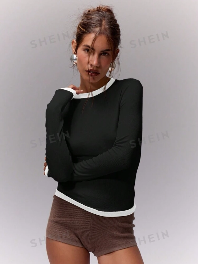 MUSERA Contrast Trim Fitted Long Sleeve Top | SHEIN UK