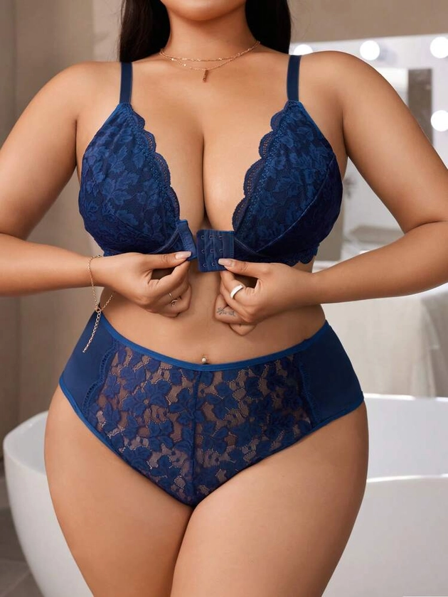 2pcs Plus Size Solid Front-Closure Lace Scalloped Trim Lingerie Set