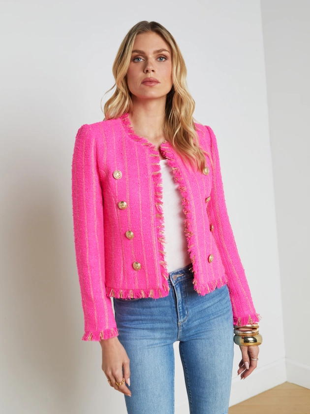 L'AGENCE - Tinlee Tweed Open-Front Blazer in Shocking Pink/Gold Stripe