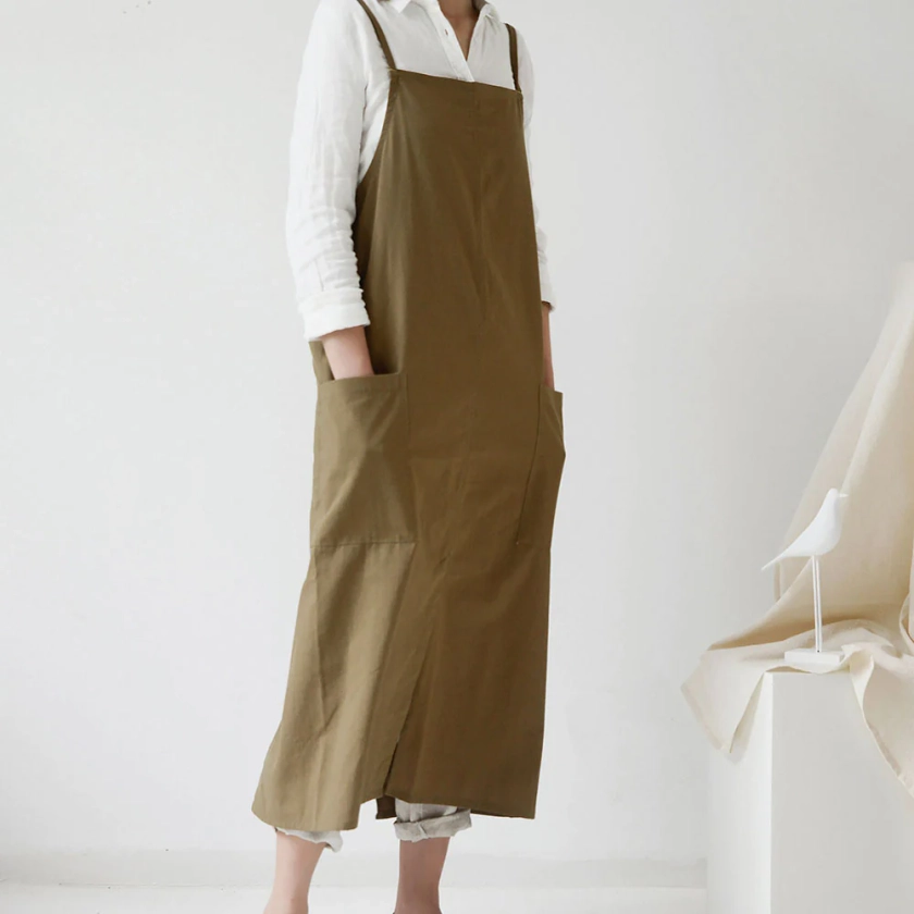 Marie Roy Linen Waterproof Apron With 2 Pockets - Olive Brown
