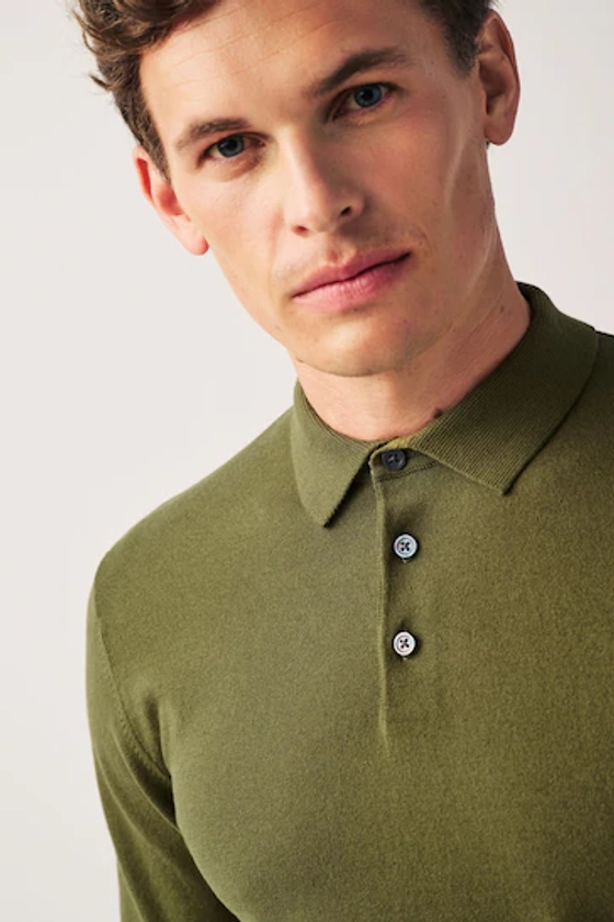 Buy Khaki Green Regular Knitted Long Sleeve Polo Shirt from the Next UK online shop