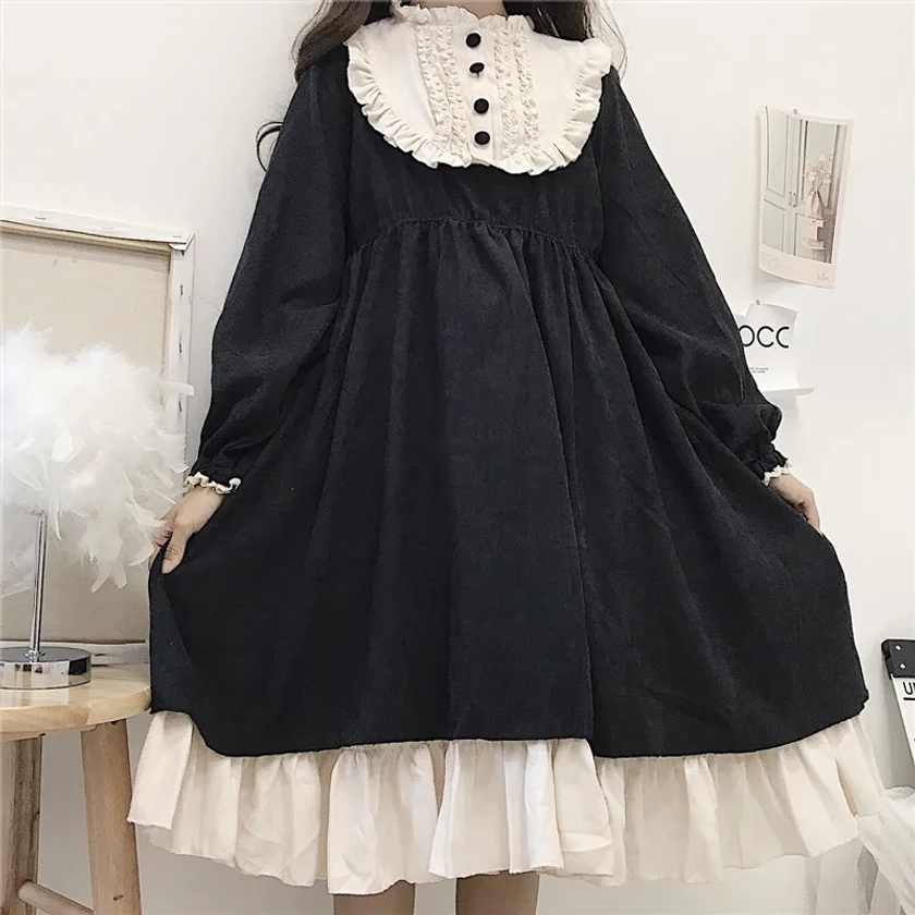 Vestidos de estilo Lolita japonés para mujer, ropa Kawaii con volantes, cuello redondo, cintura alta, adelgazante, Color de contraste, dulce, primavera y otoño - AliExpress