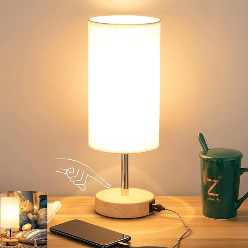 Bedside Table Lamp,Touch Control Table Lamp for Bedroom Wood 3 Way Dimmable Nightstand Lamp with Round Flaxen Fabric Shade for Living Room, Dorm, Home Office (LED Bulb Included)