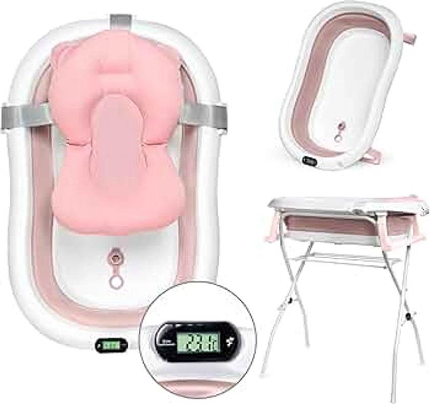 moovkee. Baignoire bebe avec support 80cm - baignoire pliable bébé transat de bain pour bebe avec thermomètre et coussin de bain - bain sécurisé et confortable pour nouveau-né sur pied