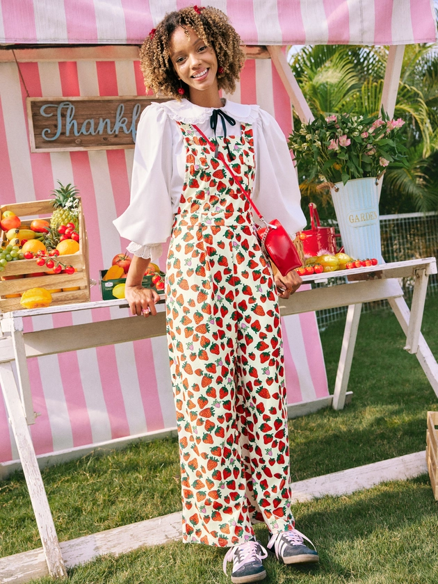 Woven Strawberry Print Wide Leg Jumpsuit