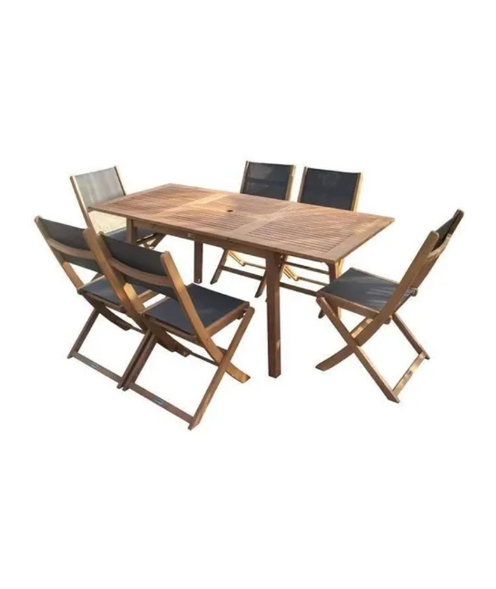 Ensemble repas de jardin 4 a 6 personnes - Table extensible 120/180 x 80 cm + 6 chaises assises textilene - Bois Eucalyptus FSC | Leroy Merlin
