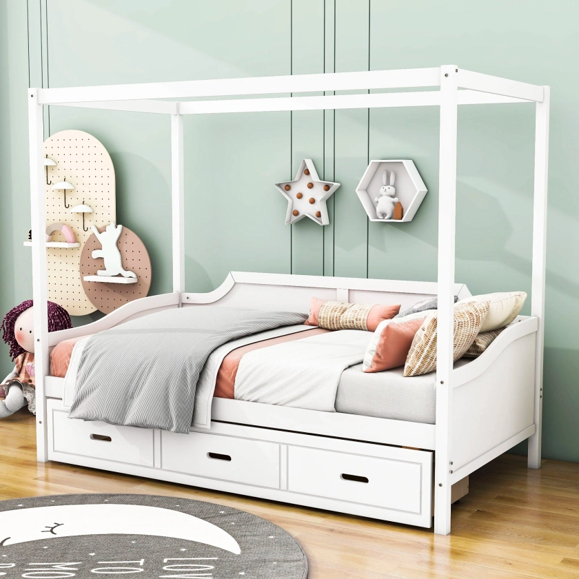 Twin Size 3 Drawers Wooden Canopy Daybed
