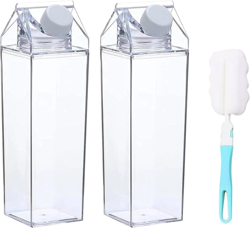QISF 2 Pack Milk Carton Water Bottle 1000ml, Clear Square Milk Bottles, Portable Juice Bottles, Reusable Creative Eco Leakproof Bottles with Brushes, for Camping Activities Outdoor Sports Travel
