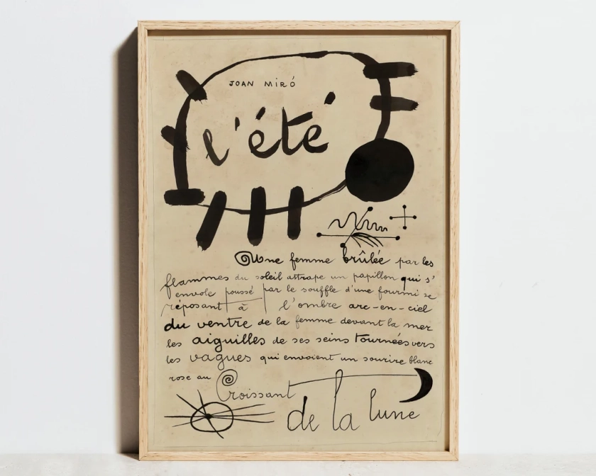 Impression de Joan Miro, affiche de l'exposition L'été vintage, art mural beige noir, décoration de croquis de ligne abstrait minimaliste moderne, idée cadeau d'anniversaire - Etsy France