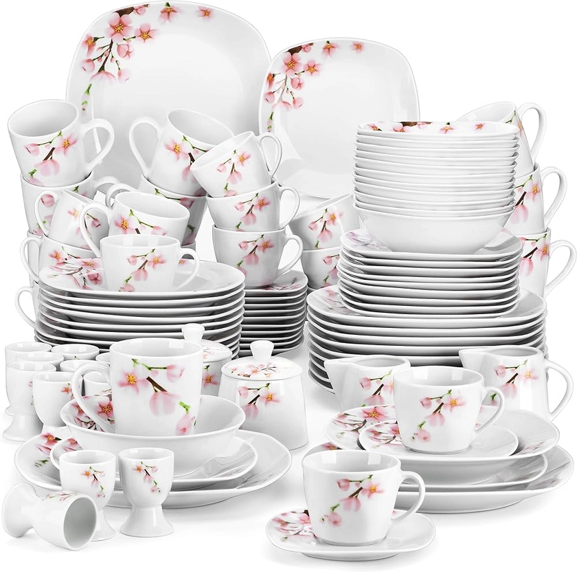 VEWEET, série ANNIE, Service de Table Complet en Porcelaine, 100 pcs pour 12 Personnes, Assiette Plate, Assiette Creuse, Assiette à Dessert, Bol, Mug, Service à Café, Coquetier, Sucrier, Pot à Lait