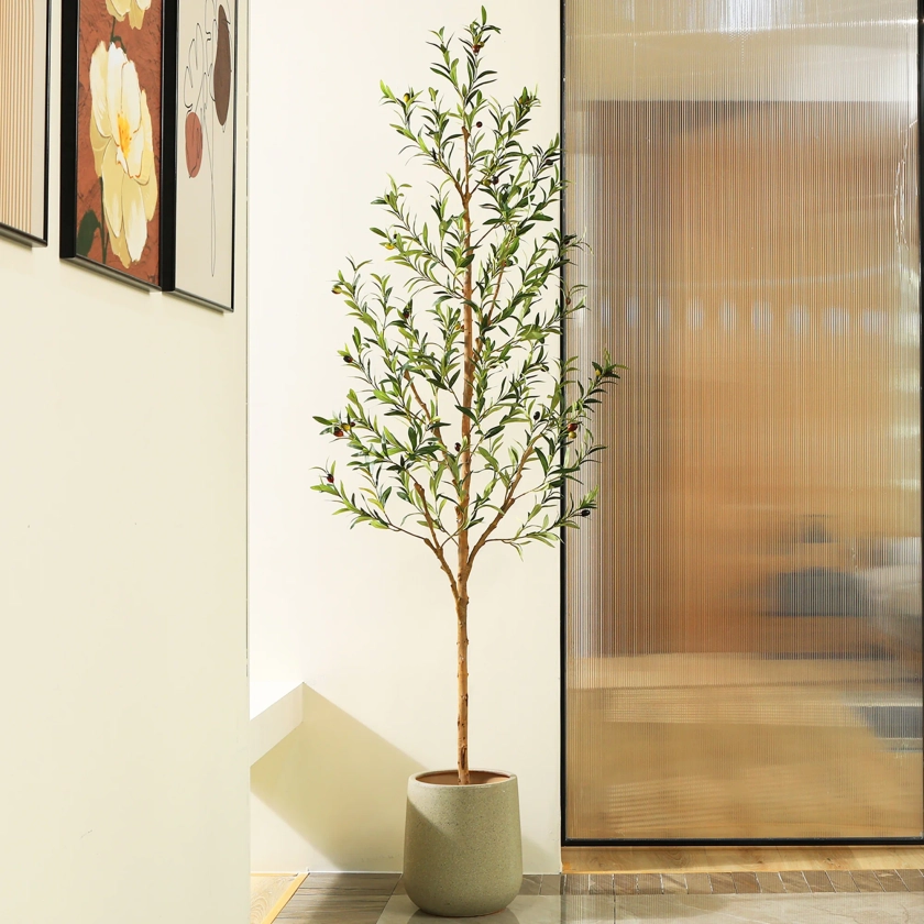 7FT Artificial Olive Tree with Fruits and Wood Branches, Potted Faux Olive Plants. 12 lb. DR.Planzen