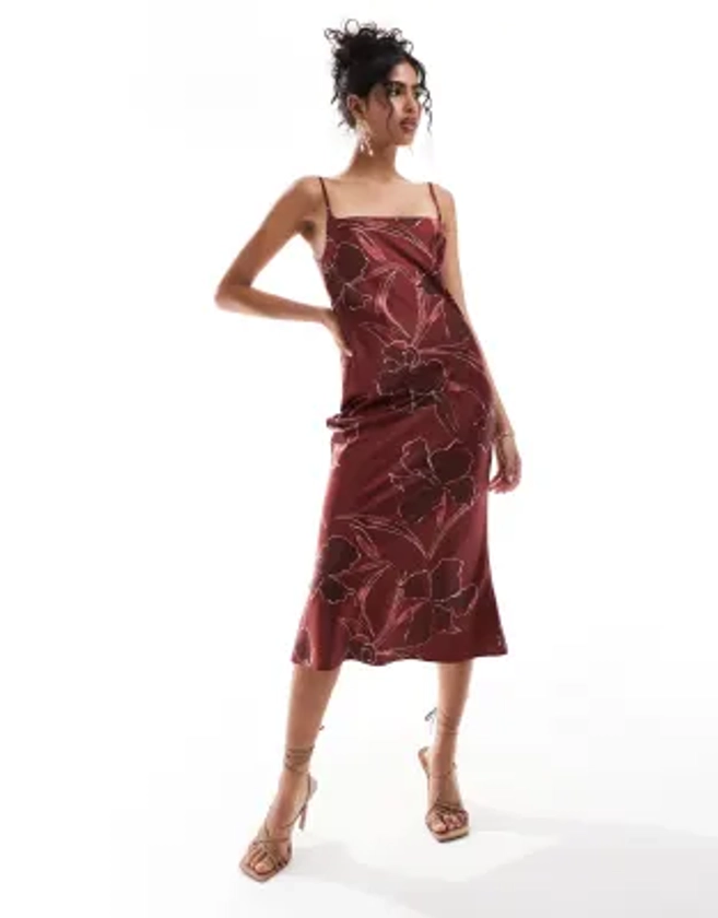 ASOS DESIGN - Robe mi-longue coupée en biais à fleurs avec encolure ronde - Bordeaux