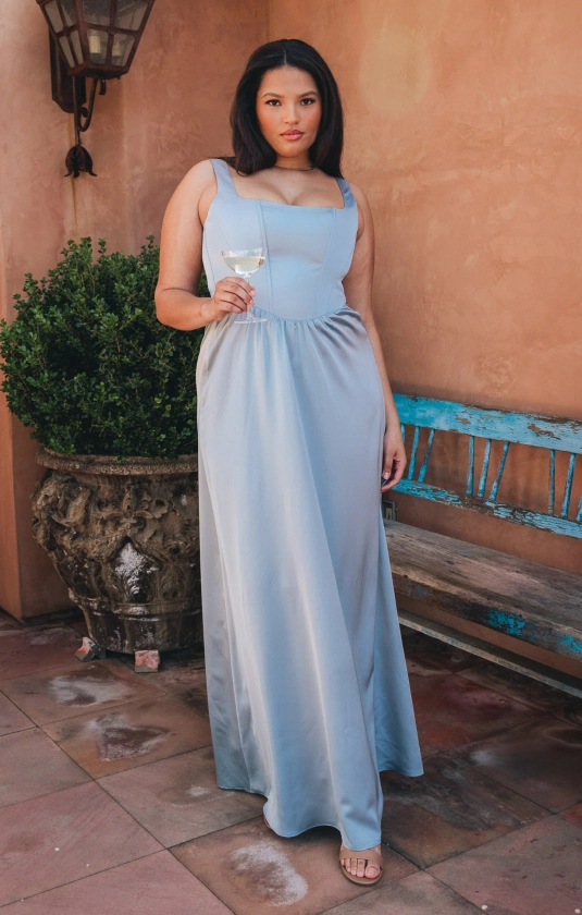 Nina Maxi Dress ~ Steel Blue Luxe Satin