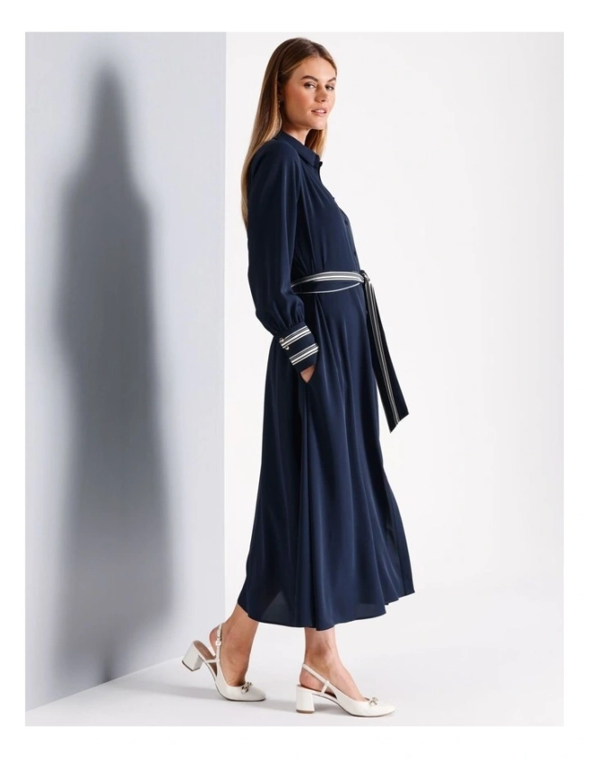 Recycled Poly Tie Front Midi Shirt Dress in Navy