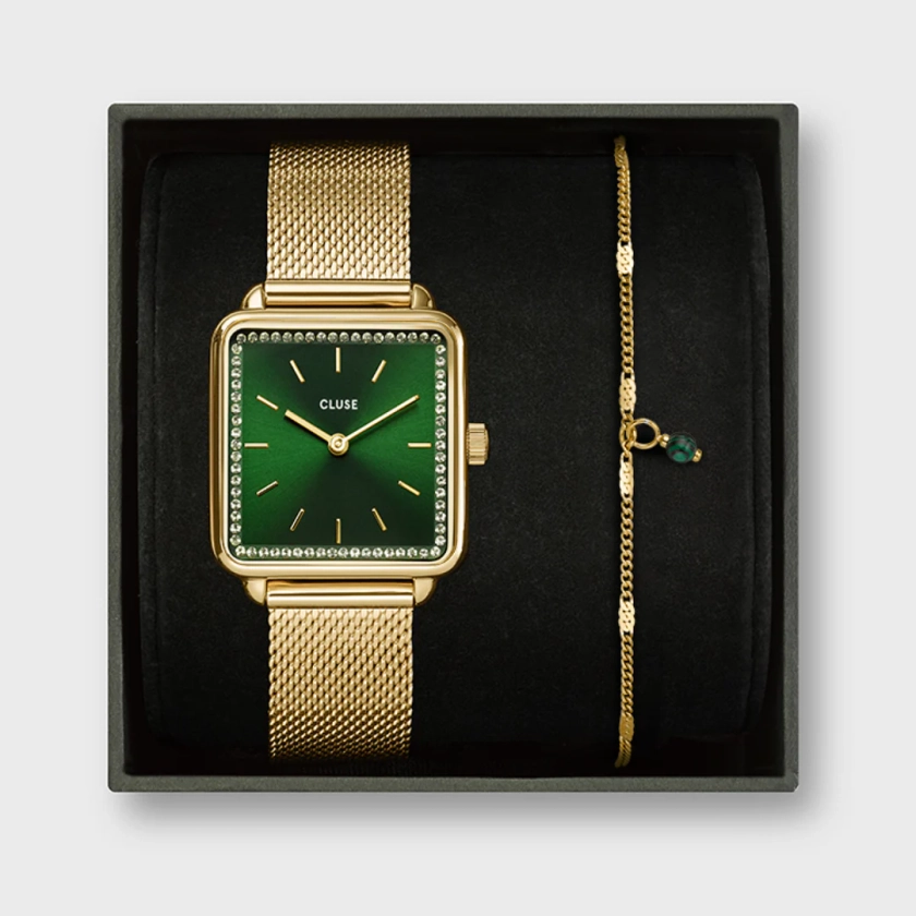 Gift Box La Tétragone Mesh and Malachite Bracelet Gold Colour