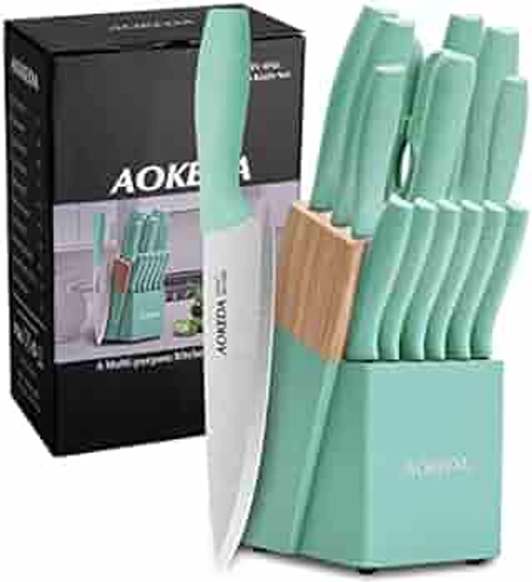AOKEDA 15pcs Kitchen Knife Set with Block, Sharpener and Scissor, Stainless Steel Knives with Extre-light Straw Handle (Mint Green)