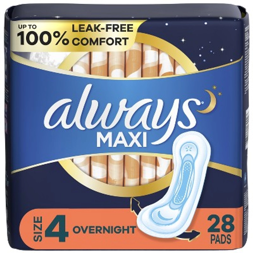 Always Maxi Pads Overnight Absorbency Unscented without Wings - Size 4 - 28ct