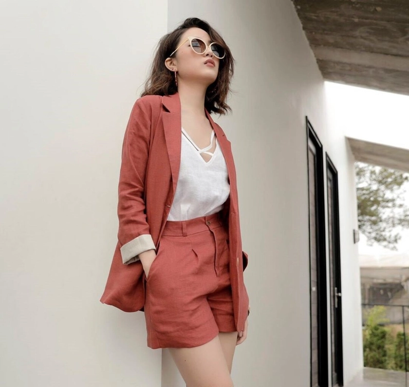 Tailored Linen 2 Piece Women Suit - Linen Blazer - Linen Shorts - Linen Camisole