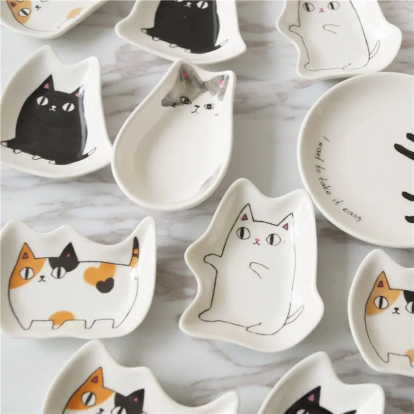 Plato pequeño de cerámica con forma de gatito, plato de condimento, platos creativos de decoración de postre, accesorios de vajilla de cocina, 1 unidad