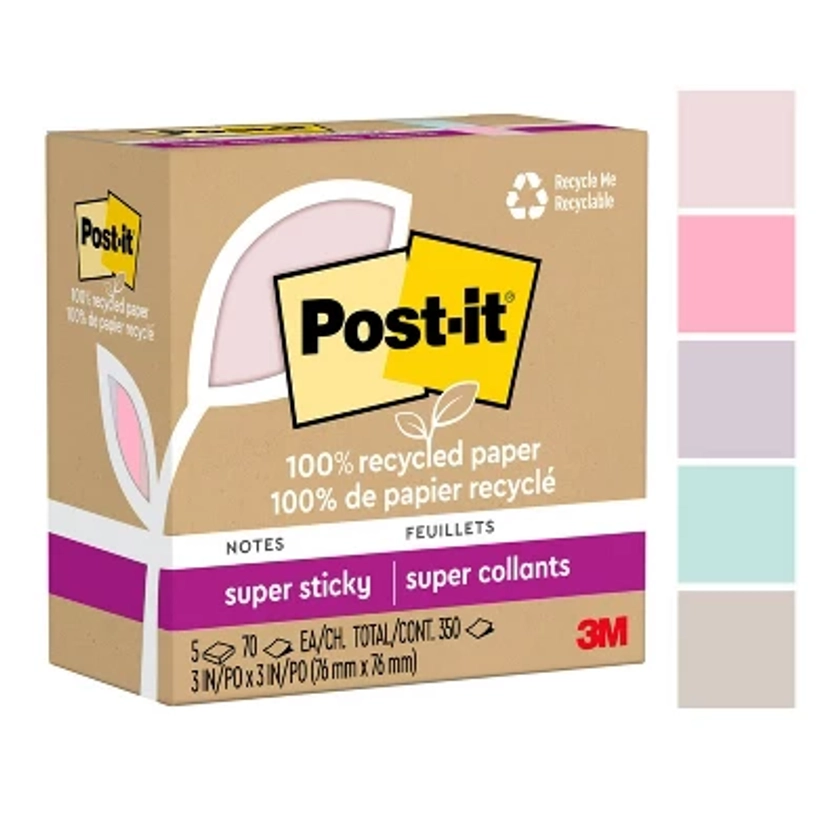 Post-it® 100% Recycled Paper Super Sticky Notes, 3 in. x 3 in., Wanderlust Pastels, 5 Pads/Pack, 70 Sheets/Pad